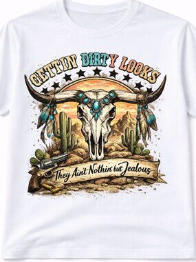 Dirty Looks Western Bull Skull Graphic T Shirt Trendy Boutique Style Tee Womens